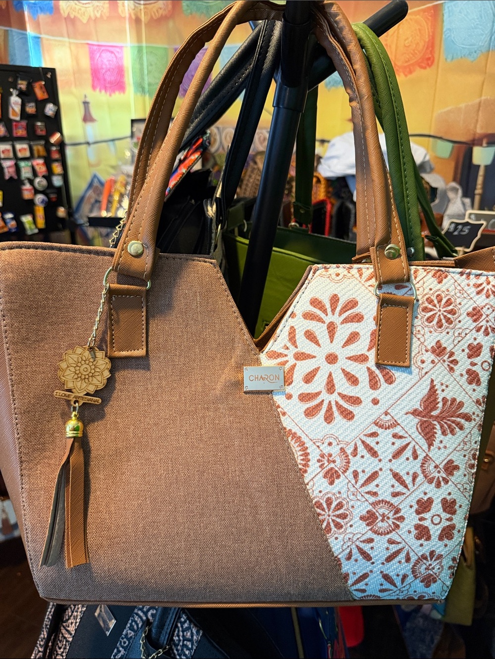 Tan Floral Accent Tote Bag with Tassel Charm